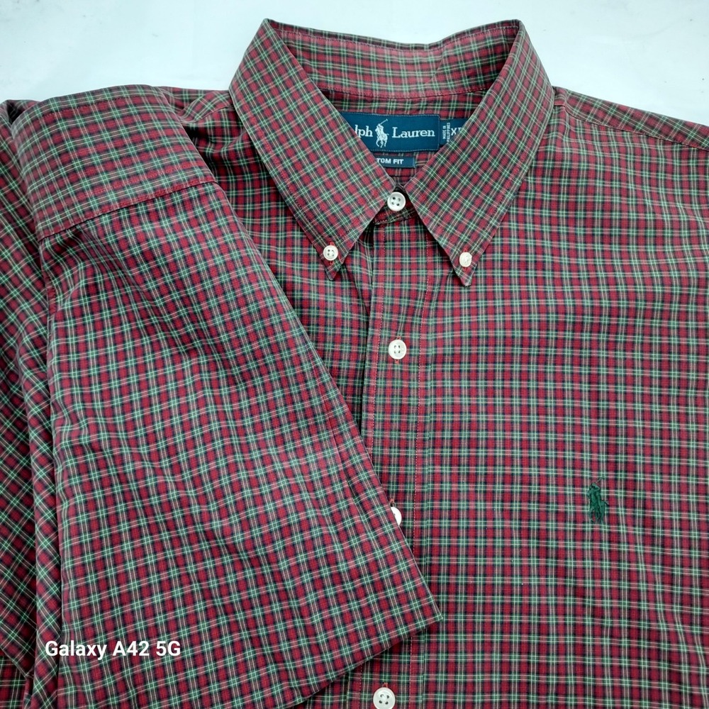 Ralph Lauren Mens XL Custom Fit Plaid Button Down Shirt Red Green Long Sleeve